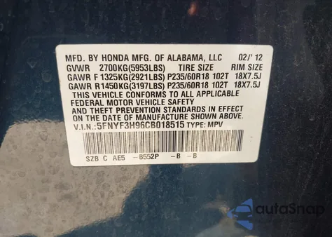 2012 Honda Pilot Touring из США, поврежденный, VIN 5FNYF3H96CB018515